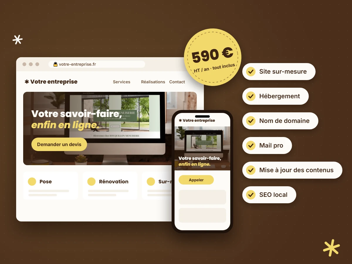 Forfait annuel Agence ZM : site vitrine sur ordinateur et mobile, tout inclus pour 590 € HT par an