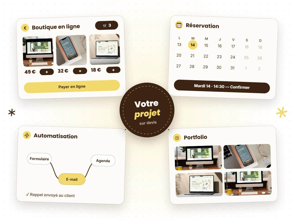 Site internet sur devis Agence ZM : boutique en ligne, réservation, automatisation et portfolio sur-mesure